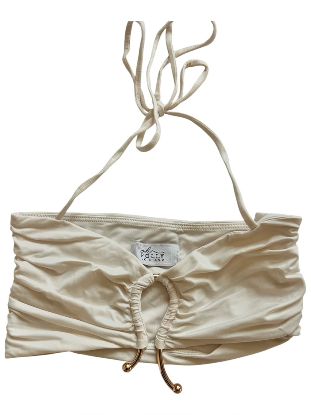 Oh Polly Cream Ruched Bandeau Halter Top with Gold Accent